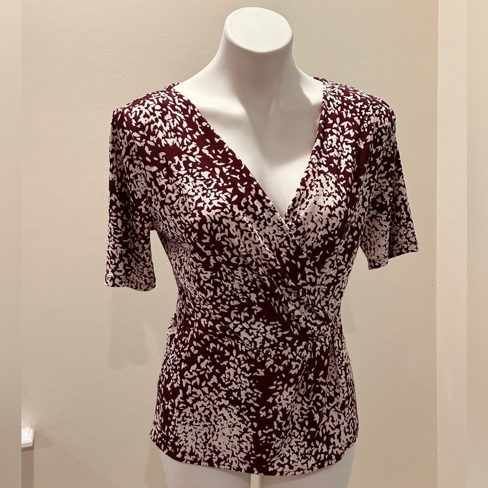 Ann Taylor Maroon and Cream Classic Wrap Style Top